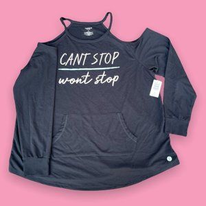 NWT Torrid long sleeved black cold shoulder active top with kangaroo pocket